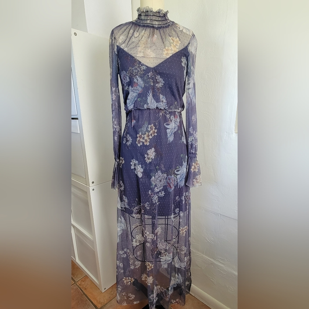 ASOS 0 Blue Sheer Mesh Japanese Crane Mock Neck Long Sleeve Maxi Dress